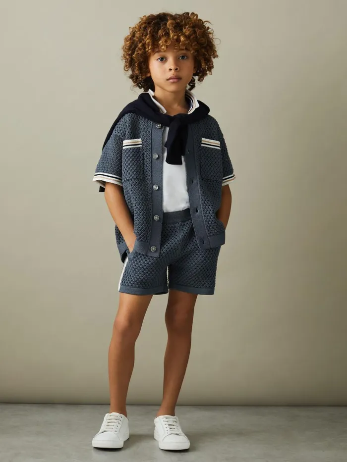 Children Reiss CoOrds Coulson Crochet Contrast Trim Shirt Airforce Blue
