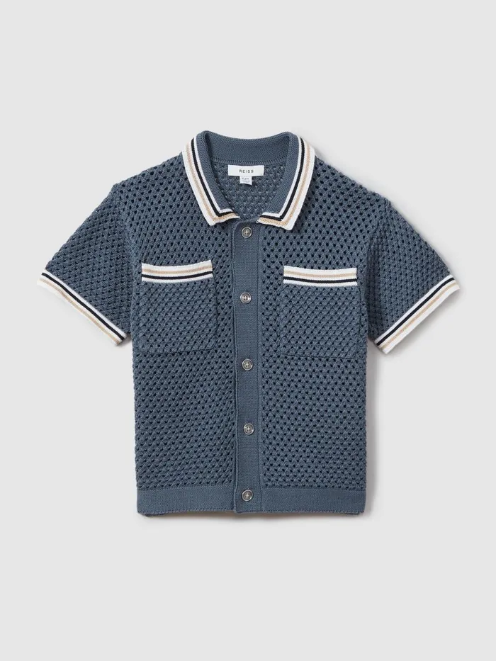 Children Reiss CoOrds Coulson Crochet Contrast Trim Shirt Airforce Blue