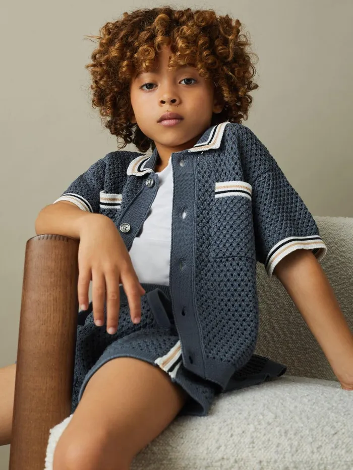 Children Reiss CoOrds Coulson Crochet Contrast Trim Shirt Airforce Blue