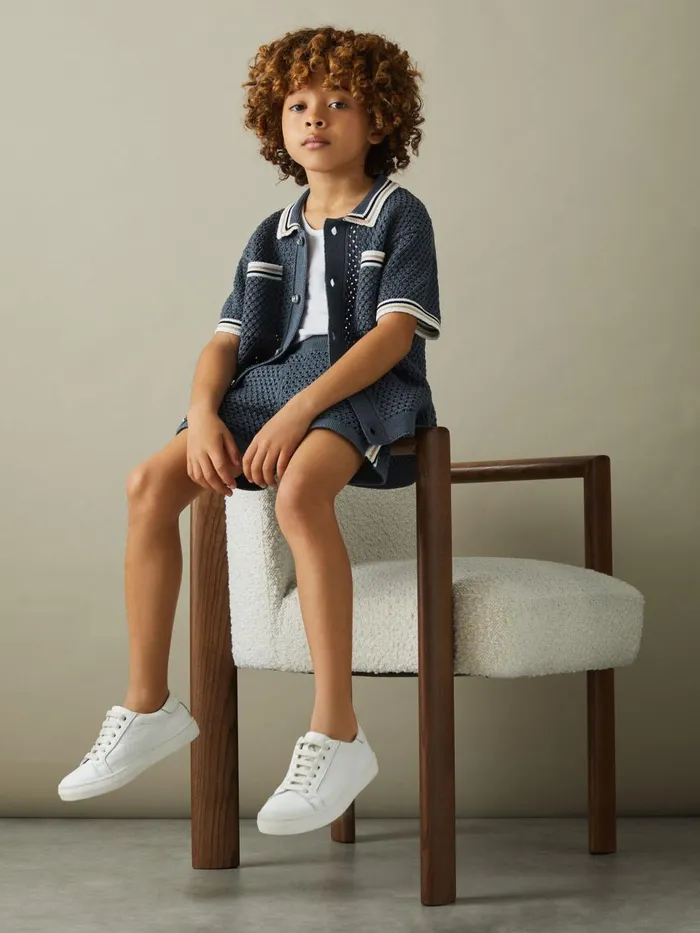 Children Reiss CoOrds Coulson Crochet Contrast Trim Shirt Airforce Blue