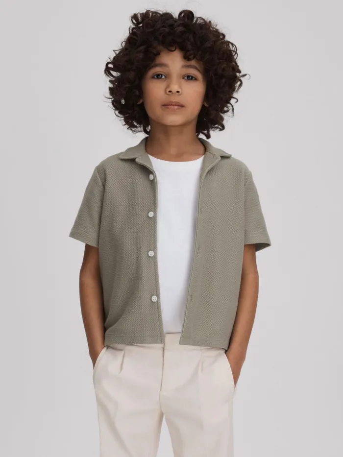 Children Reiss CoOrds Gerrard Textured Cotton Cuban Collar Shirt Pistachio