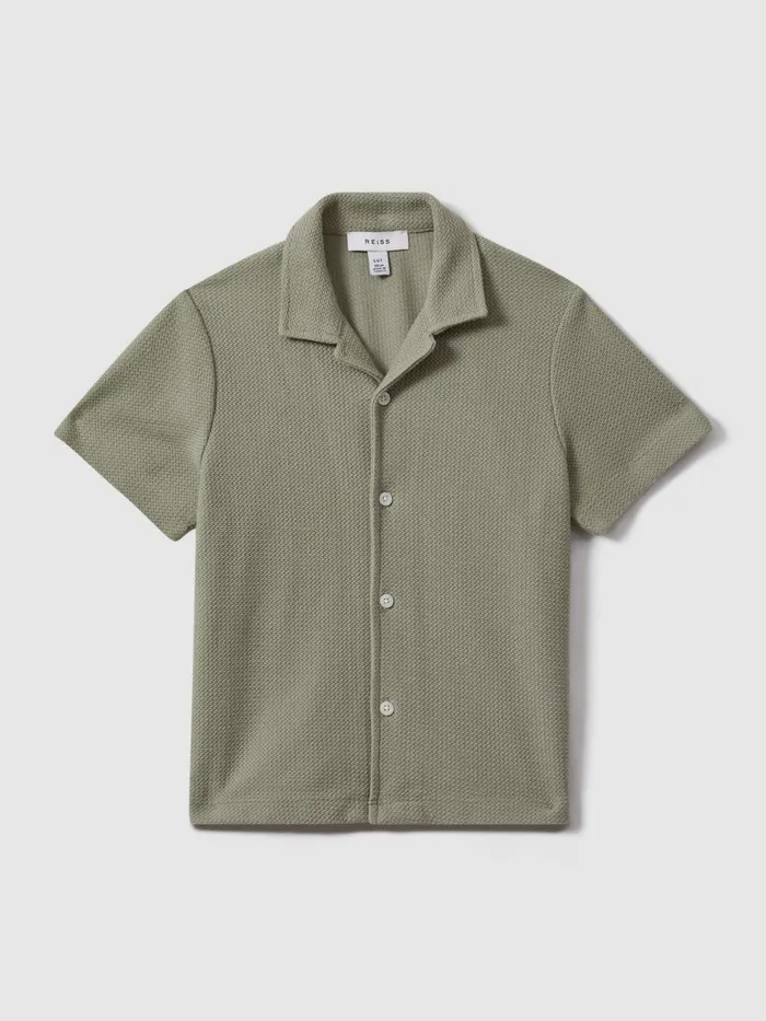 Children Reiss CoOrds Gerrard Textured Cotton Cuban Collar Shirt Pistachio