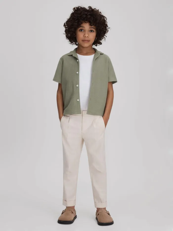 Children Reiss CoOrds Gerrard Textured Cotton Cuban Collar Shirt Pistachio