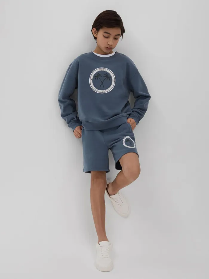 Children Reiss CoOrds Ridley Cotton Motif Sweat Shorts Airforce Blue