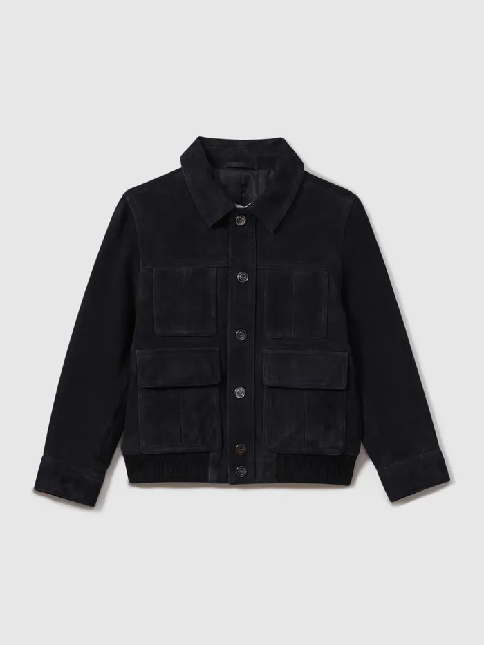 Children Reiss Coats and Jackets Bas Suede Front Pocket Jacket Navy