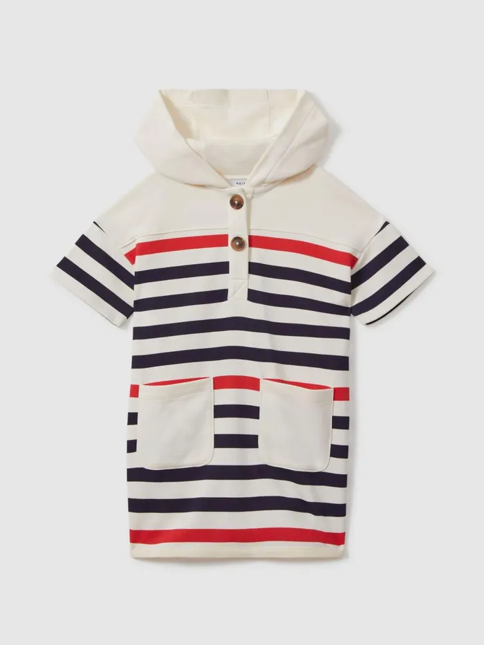 Children Reiss Dresses Martha Striped Jersey Hooded Dress Ecru