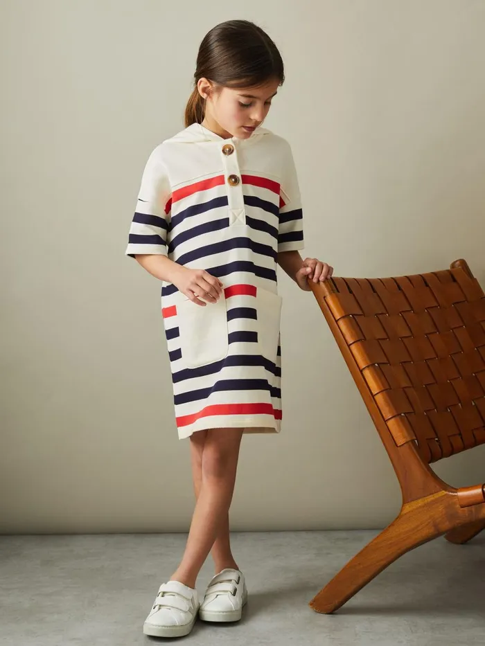 Children Reiss Dresses Martha Striped Jersey Hooded Dress Ecru