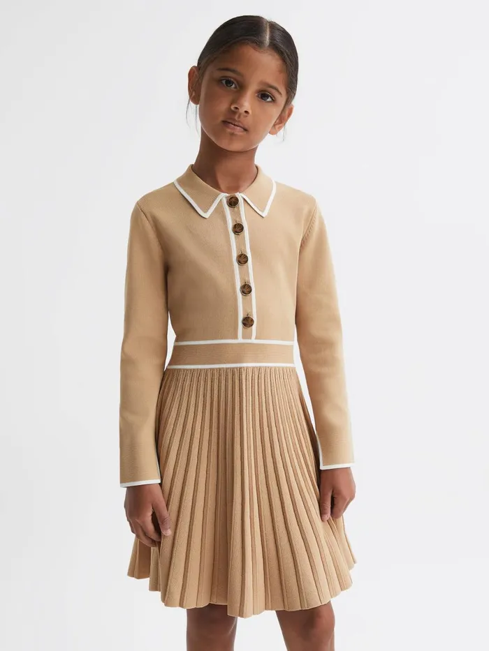 Children Reiss Dresses Mia Knitted Polo Skater Dress Camel