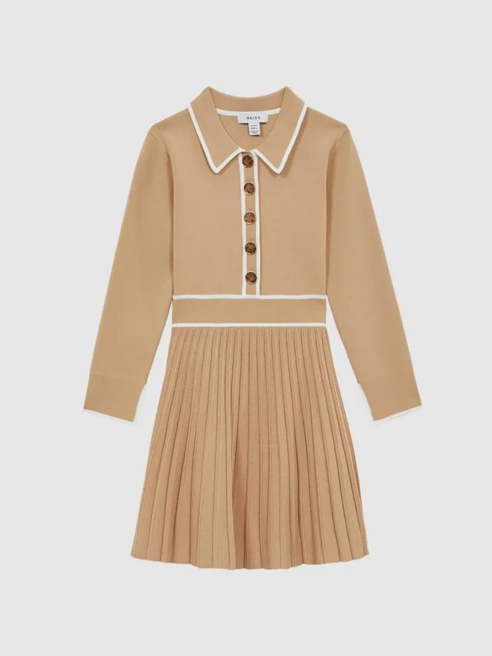 Children Reiss Dresses Mia Knitted Polo Skater Dress Camel