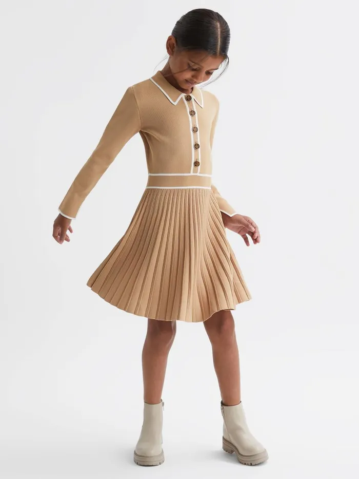 Children Reiss Dresses Mia Knitted Polo Skater Dress Camel