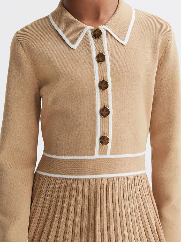Children Reiss Dresses Mia Knitted Polo Skater Dress Camel