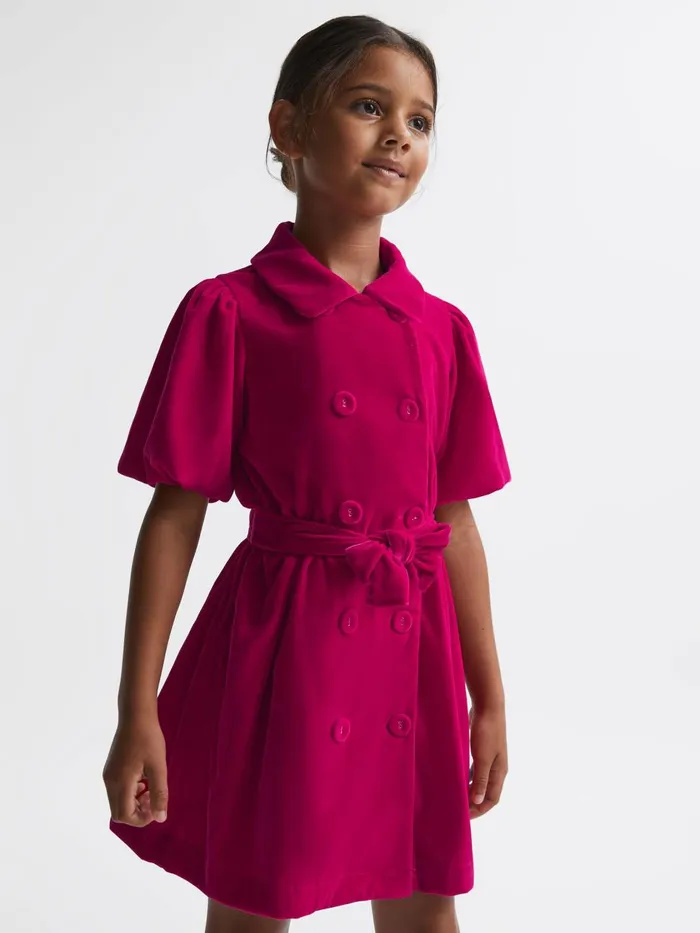 Children Reiss Dresses Nancy Velvet Double Breasted Dress Pink