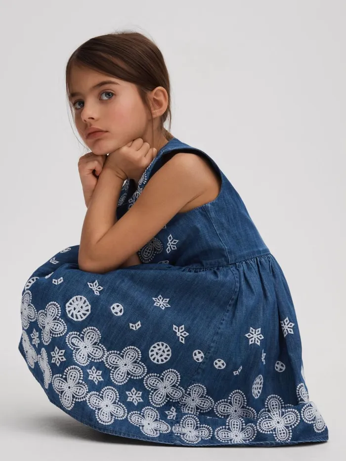 Children Reiss Dresses Penny Broderie Dress Denim