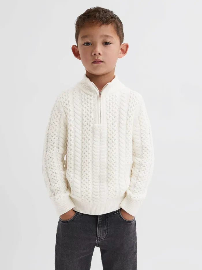 Children Reiss Knitwear Bantham Slim Fit Knitted HalfZip Jumper Ecru