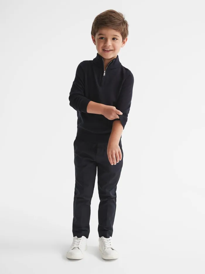 Children Reiss Knitwear Blackhall Merino Wool ZipNeck Jumper Navy