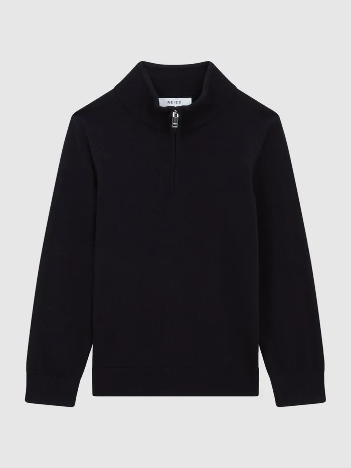 Children Reiss Knitwear Blackhall Merino Wool ZipNeck Jumper Navy