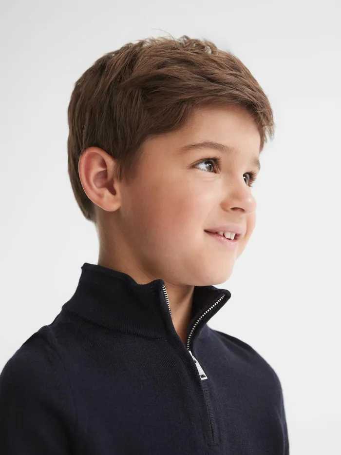 Children Reiss Knitwear Blackhall Merino Wool ZipNeck Jumper Navy