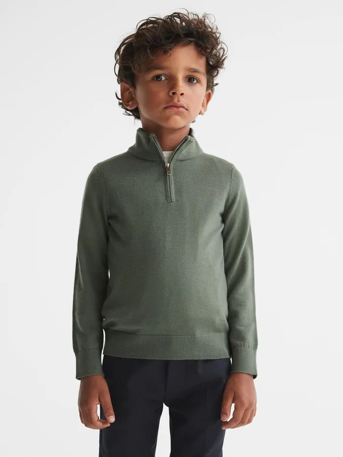 Children Reiss Knitwear Blackhall Merino Wool ZipNeck Jumper Rosemary