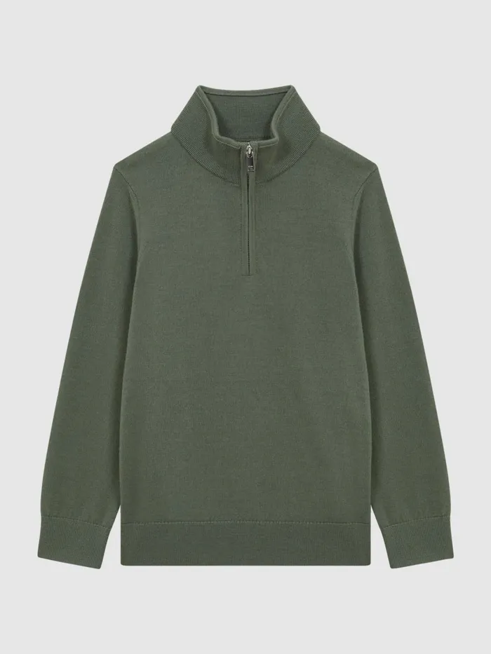 Children Reiss Knitwear Blackhall Merino Wool ZipNeck Jumper Rosemary