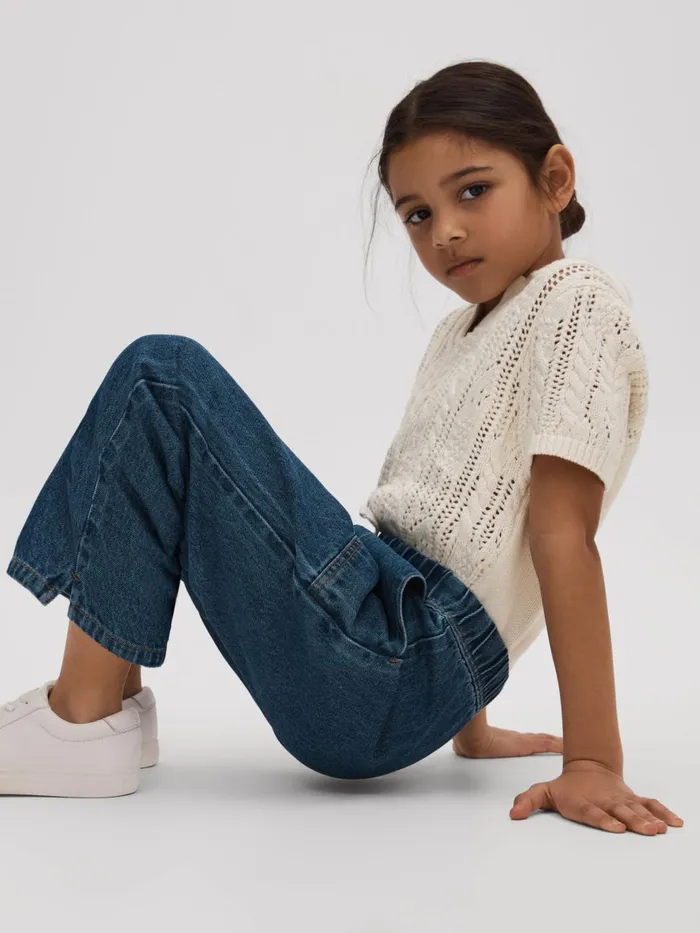 Children Reiss Knitwear Eula Crochet Open Collar Polo Shirt Ecru