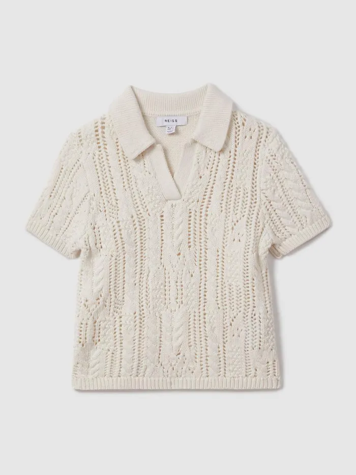 Children Reiss Knitwear Eula Crochet Open Collar Polo Shirt Ecru