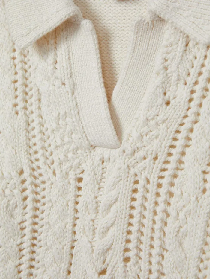 Children Reiss Knitwear Eula Crochet Open Collar Polo Shirt Ecru