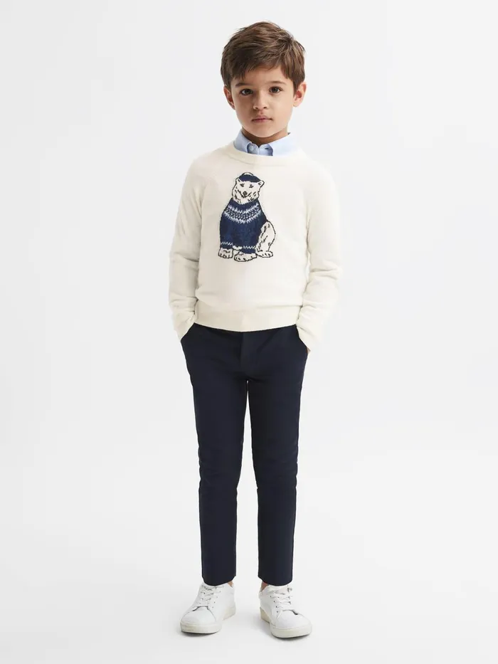 Children Reiss Knitwear Osburn Slim Fit Motif Crew Neck Jumper Ecru