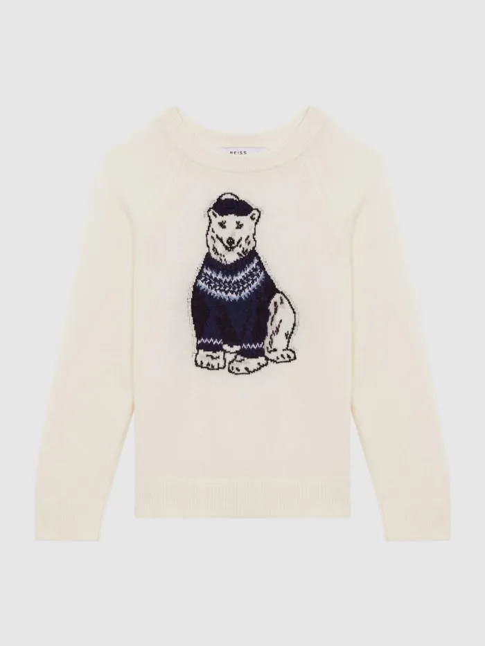 Children Reiss Knitwear Osburn Slim Fit Motif Crew Neck Jumper Ecru
