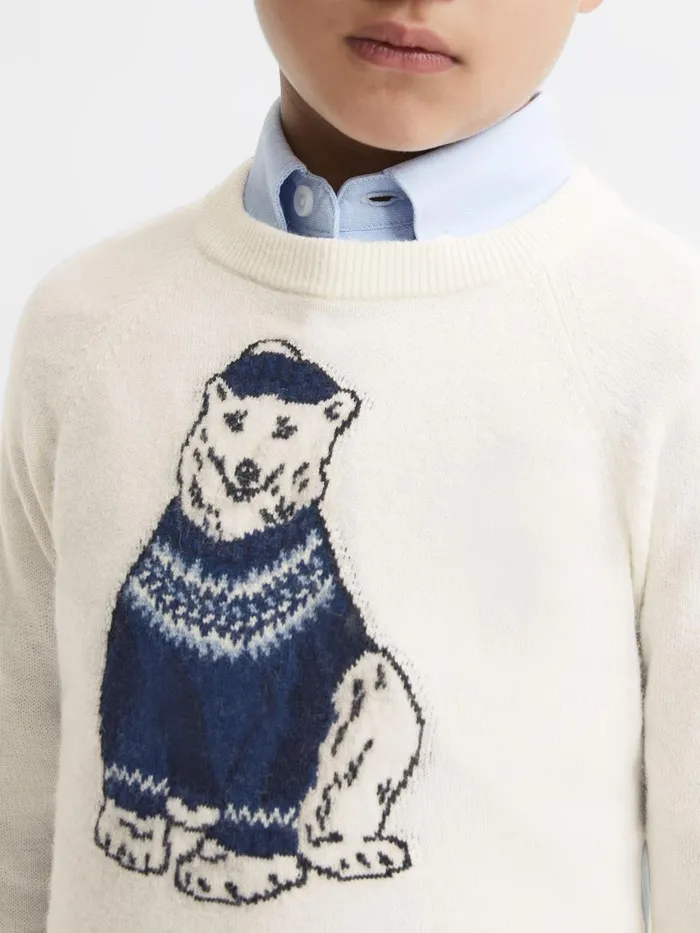 Children Reiss Knitwear Osburn Slim Fit Motif Crew Neck Jumper Ecru