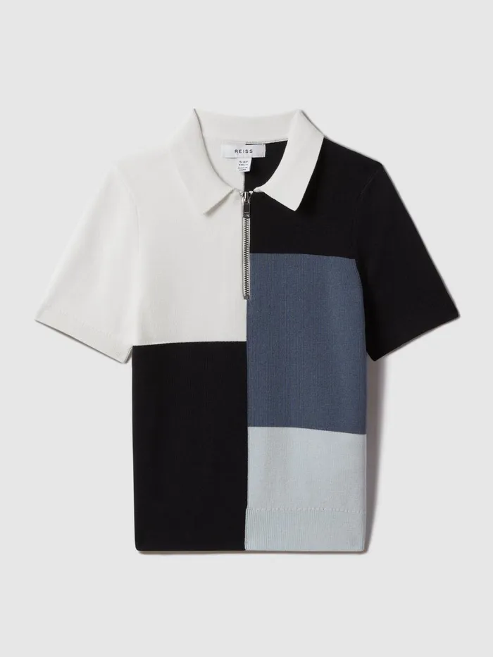 Children Reiss Polo Shirts Delta Colourblock HalfZip Polo Shirt Blue