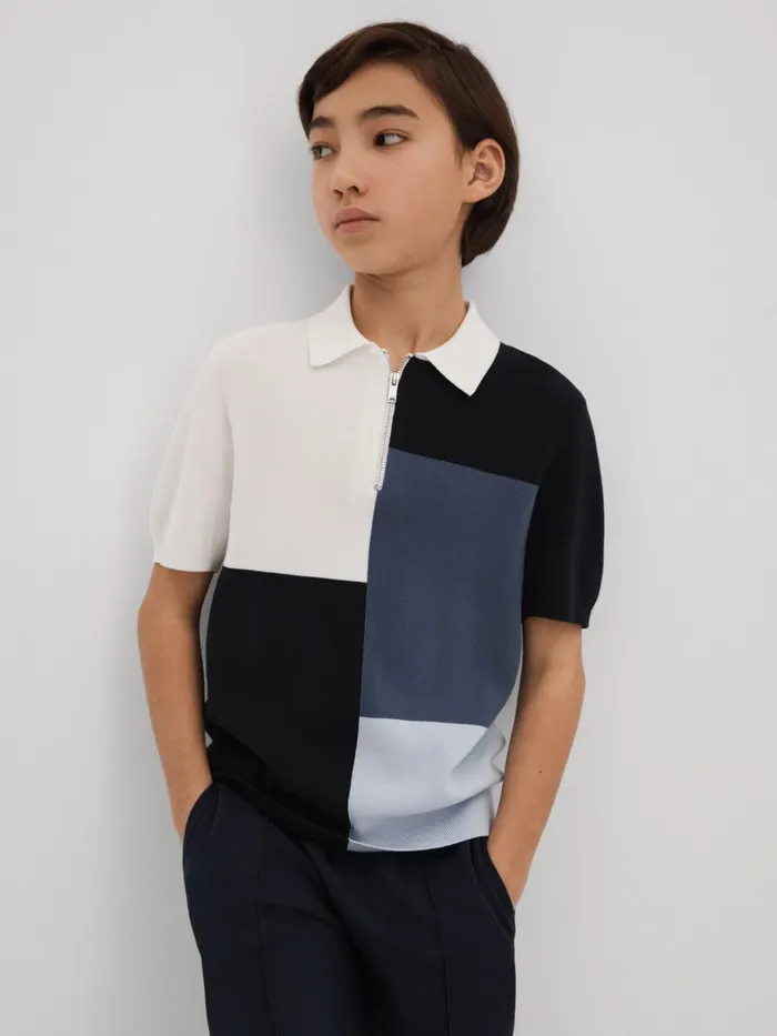 Children Reiss Polo Shirts Delta Colourblock HalfZip Polo Shirt Blue