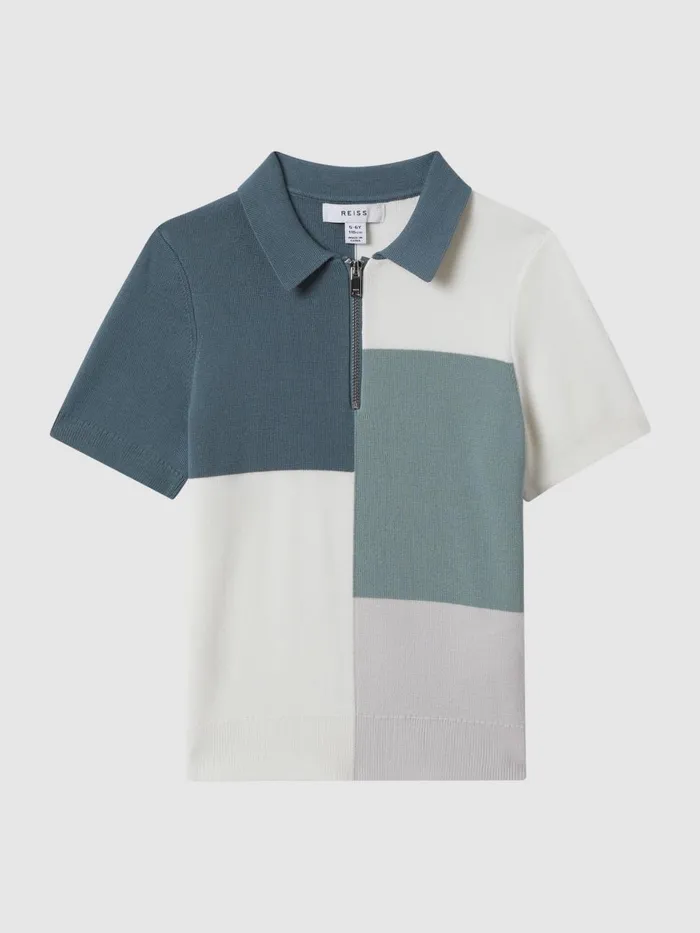 Children Reiss Polo Shirts Delta Colourblock HalfZip Polo Shirt Sage