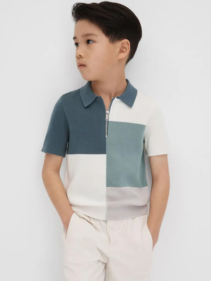 Children Reiss Polo Shirts Delta Colourblock HalfZip Polo Shirt Sage
