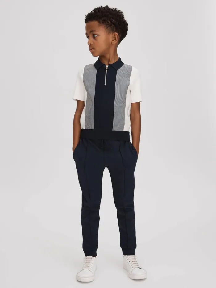 Children Reiss Polo Shirts Milton Half Zip Striped Polo Shirt Navy