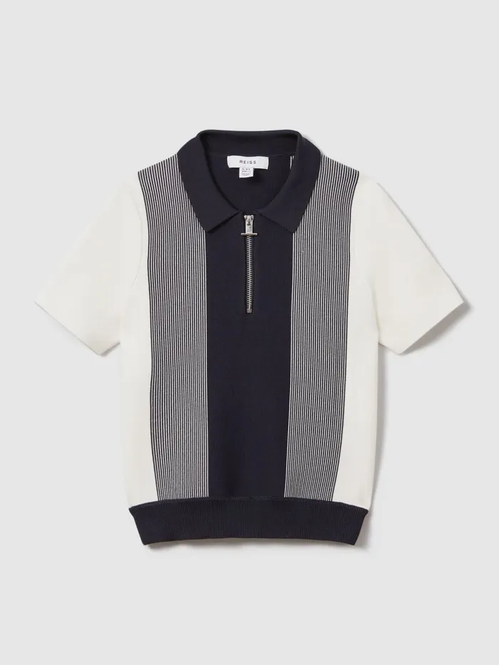 Children Reiss Polo Shirts Milton Half Zip Striped Polo Shirt Navy