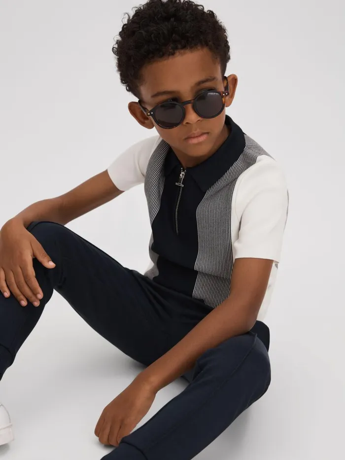 Children Reiss Polo Shirts Milton Half Zip Striped Polo Shirt Navy