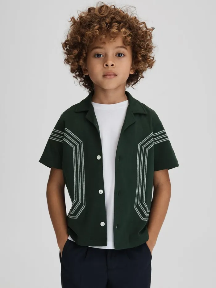Children Reiss Shirts Arlington Cotton Embroidered Cuban Collar Shirt Green