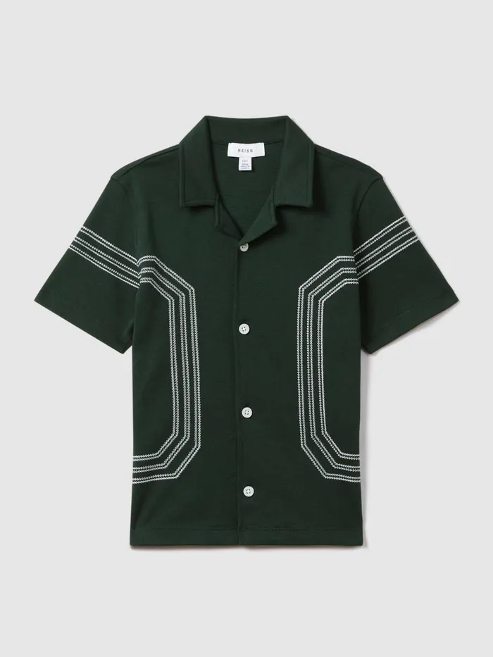 Children Reiss Shirts Arlington Cotton Embroidered Cuban Collar Shirt Green