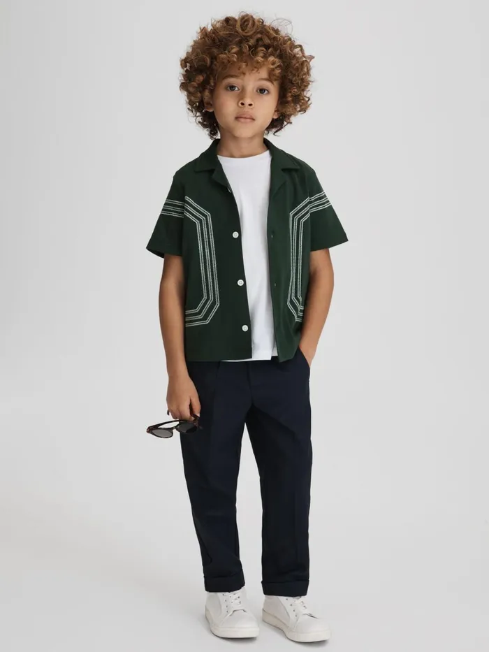 Children Reiss Shirts Arlington Cotton Embroidered Cuban Collar Shirt Green