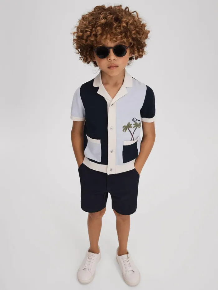 Children Reiss Shirts Ata Knitted Colourblock Cuban Collar Shirt Blue Multi