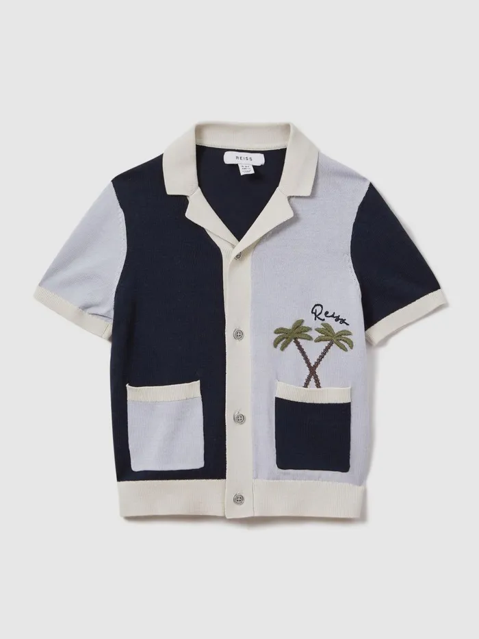 Children Reiss Shirts Ata Knitted Colourblock Cuban Collar Shirt Blue Multi