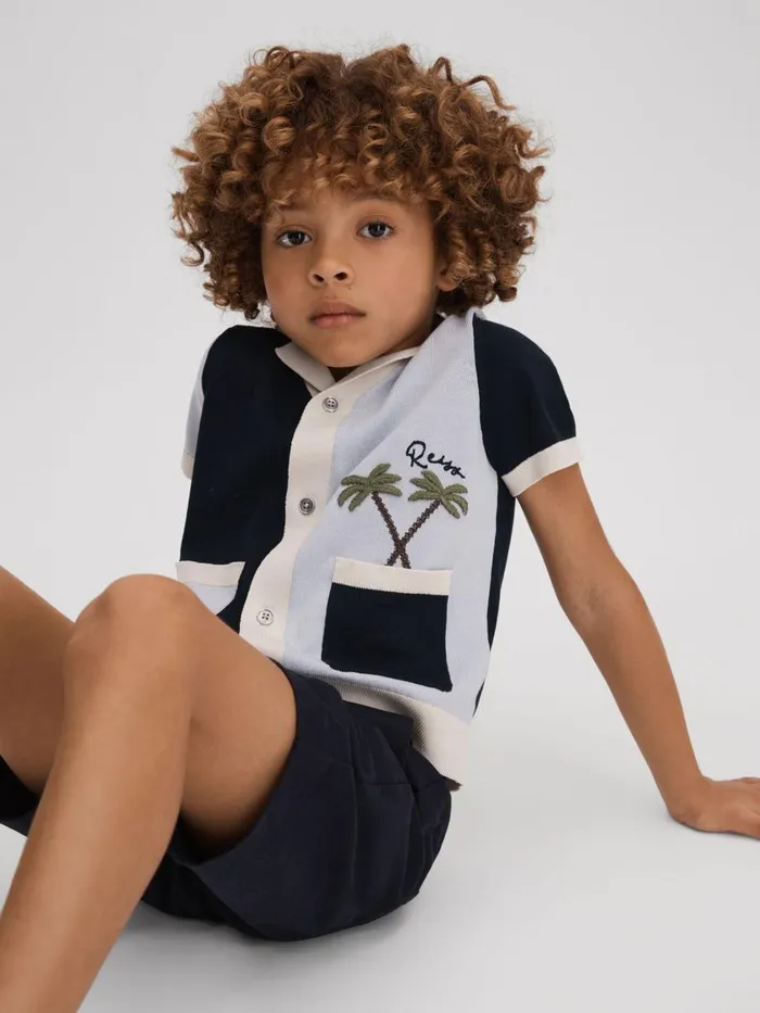 Children Reiss Shirts Ata Knitted Colourblock Cuban Collar Shirt Blue Multi