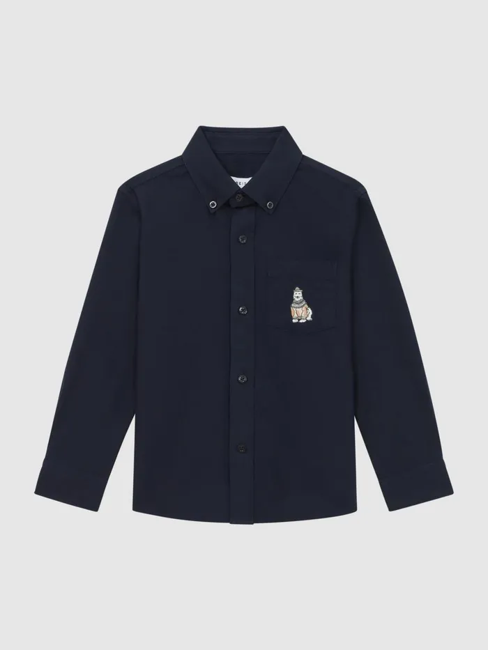 Children Reiss Shirts Matis Slim Fit ButtonDown Collar Motif Shirt Navy