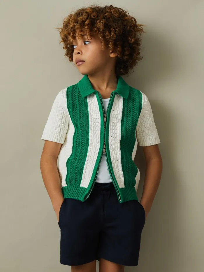 Children Reiss Shirts Painter Knitted Cotton Zip Front Shirt Whitebright Green