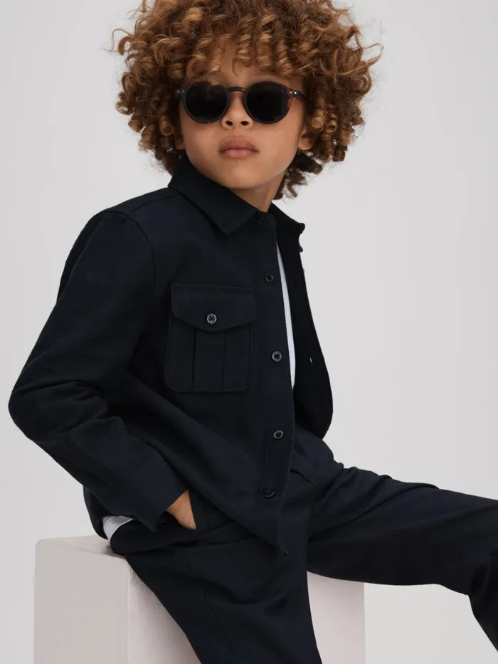 Children Reiss Shirts Thomas Brushed Cotton Patch Pocket Overshirt Navy