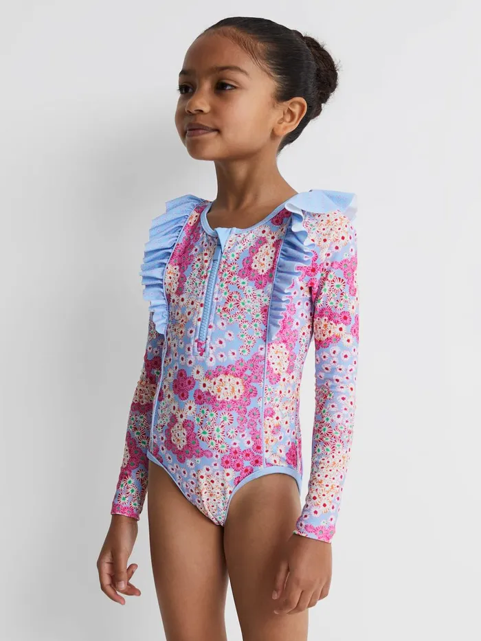 Children Reiss Swimwear Poppy Floral Print Ruffle Long Sleeve Swimsuit Pink