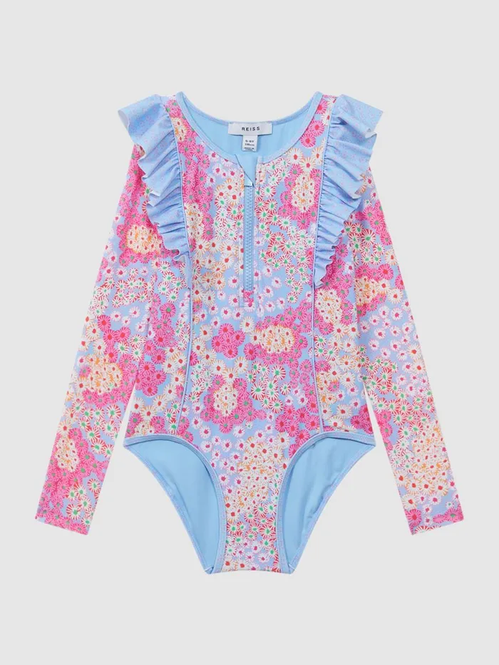 Children Reiss Swimwear Poppy Floral Print Ruffle Long Sleeve Swimsuit Pink