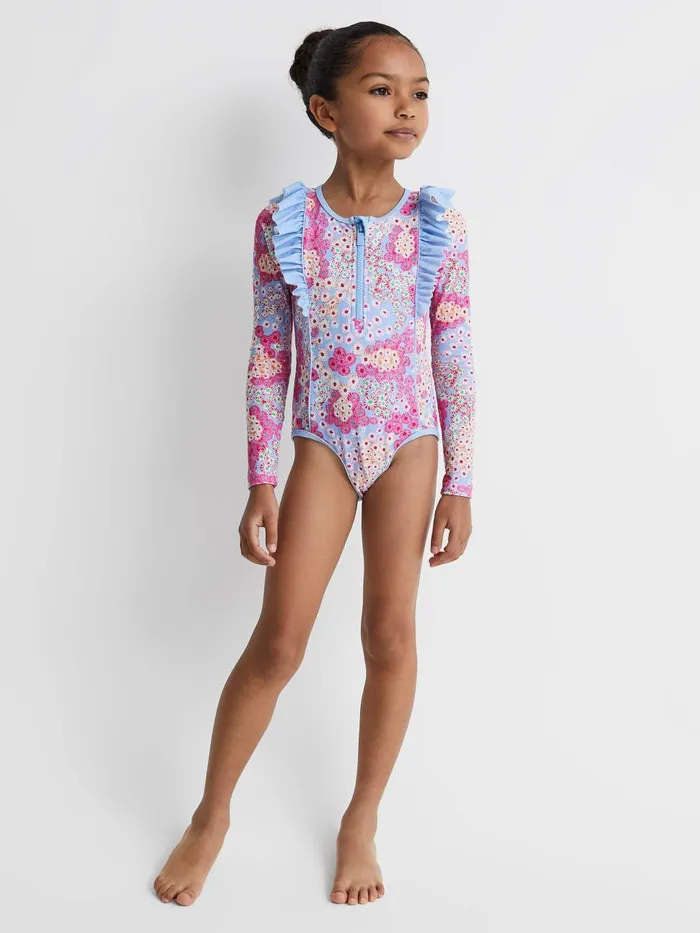 Children Reiss Swimwear Poppy Floral Print Ruffle Long Sleeve Swimsuit Pink