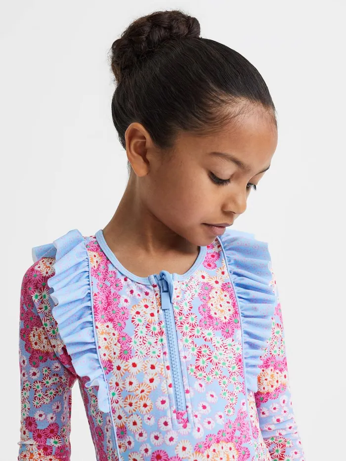 Children Reiss Swimwear Poppy Floral Print Ruffle Long Sleeve Swimsuit Pink