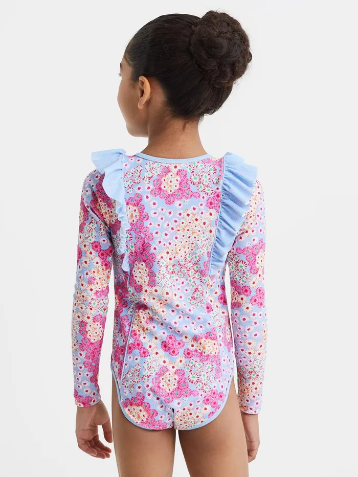 Children Reiss Swimwear Poppy Floral Print Ruffle Long Sleeve Swimsuit Pink